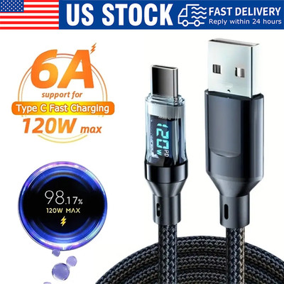 120w Super Fast USB Type-C Charging Braid Phone Charger Lead with Display LOT