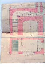 Original Farbzeichnung Schnitte eines Ofens namens "mit Straßenlaterne" 1795