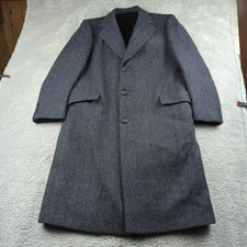 Hart Schaffner Marx Wool Overcoat Herringbone Blue Mens 42 Long Union Made