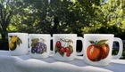 Vintage Glasbake Set of 4 Milk Glass Fruit Mugs Orange Pear Grape Cherry Kitchen