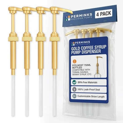 PERMINKS Premium Coffee Syrup Pump Dispenser, Fits 750ml Pack of 4, Gold