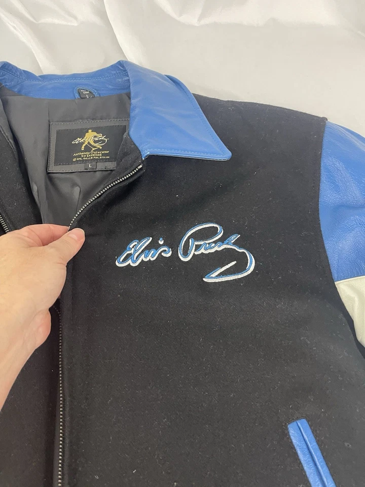 ELVIS Presley Varsity Bomber Jacket Blue Leather & Black Wool Embroidered Large - Image 3 of 4