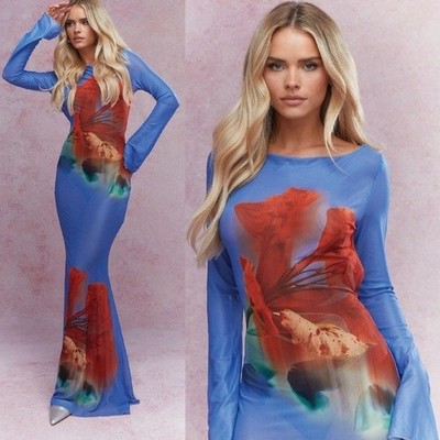 MISSGUIDED Women s L Blue Sheer Floral Print Mermaid Hem Backless Maxi Dress