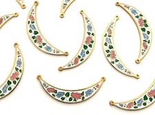 12 Vintage Pink & Blue Flowers White Crescent 2-Loop Connector Pendants 5349P