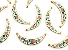 12 Vintage Pink & Blue Flowers White Crescent 2-Loop Connector Pendants 5349P