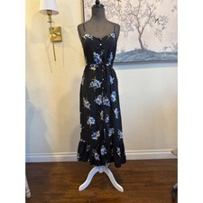Urban Outfitters Floral Button Front Midi Dress Black Blue Rayon Size S P