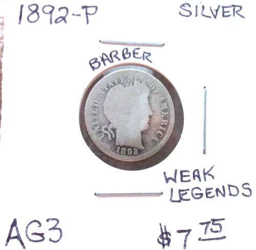 1892 PHILADELPHIA BARBER SILVER DIME IN ABOUT GOOD CONDITION.