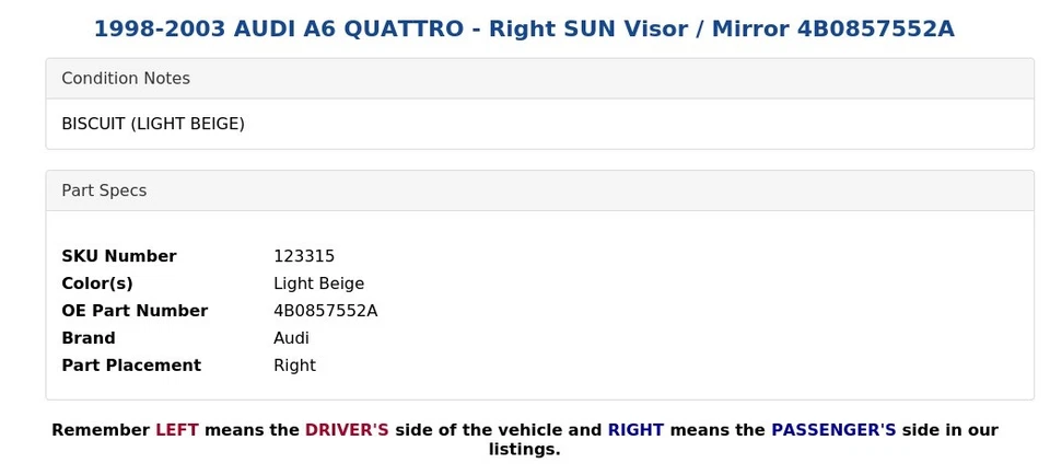 1998-2003 AUDI A6 QUATTRO - Right SUN Visor / Mirror 4B0857552A - Image 3 of 4