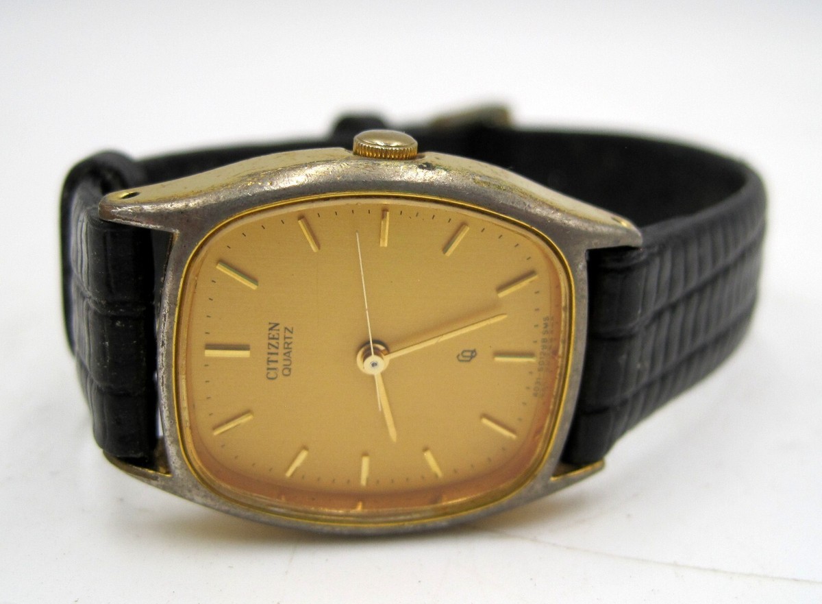 Citizen Gold Dial Black Leather Band Watch 4031-894847 NEW BATTERY