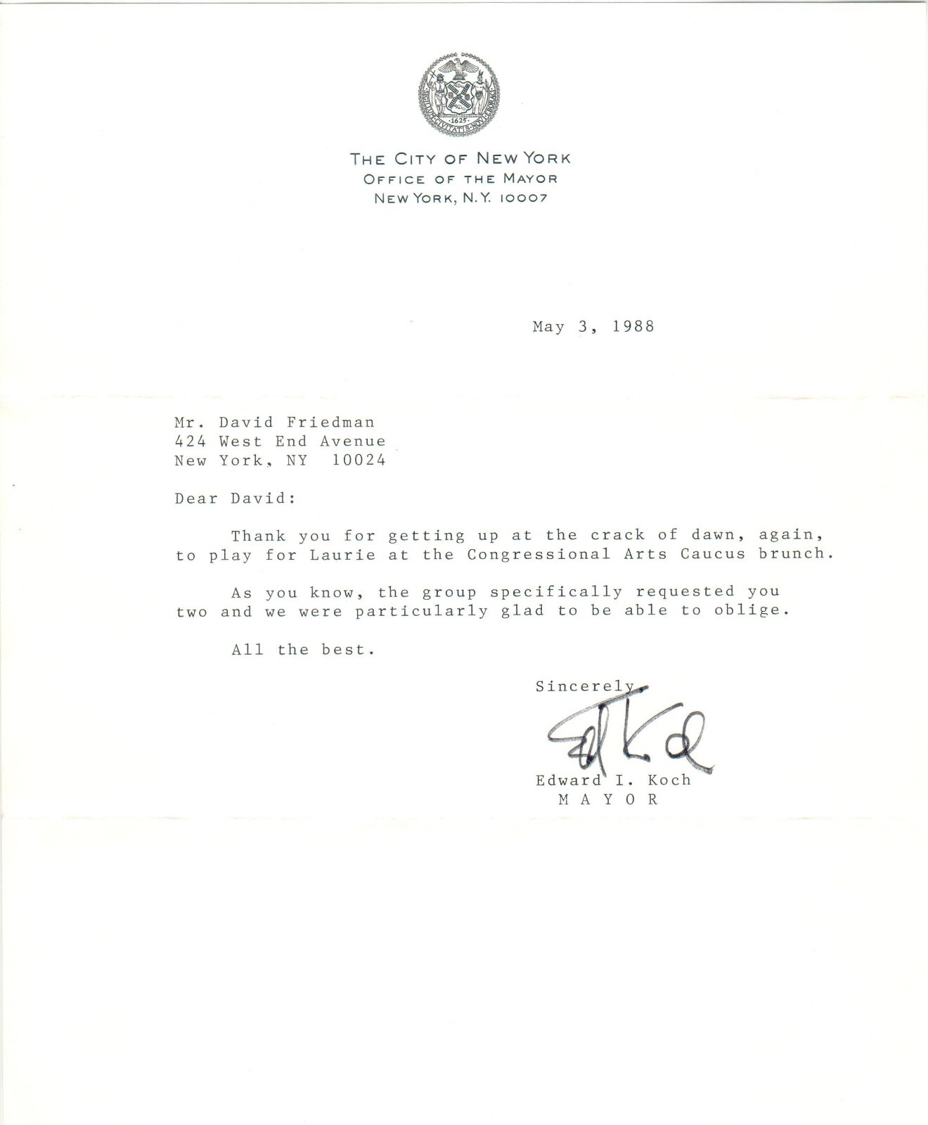 ED KOCH famous Mayor of NY City Signed Letter AUTOGRAPH/SIGNATURE May 3 ...