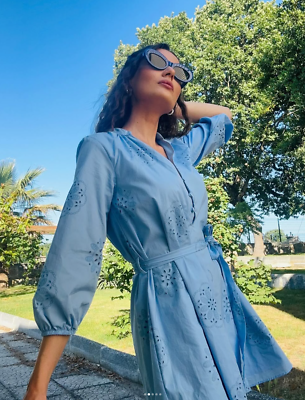 Zara Sky Blue Rubberised Embroidery Poplin Belted Dress Size XL Bloggers  Fave