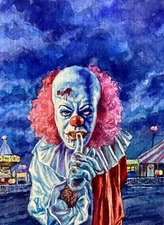 Watercolor Painting Scary Clown Circus Halloween ACEO Art