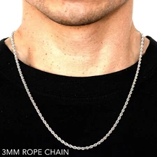 10k White Gold 3mm Solid D/Cut Rope Chain Necklace Size 16"-30"
