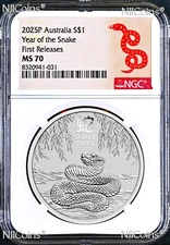 2025 Australia .9999 Silver Lunar Year of the Snake NGC MS70 1oz $1 Coin FR