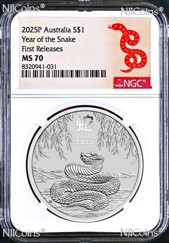 2025 Australia .9999 Silver Lunar Year of the Snake NGC MS70 1oz $1 Coin FR