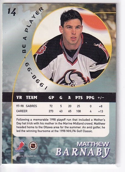 1998-99 In the Game Be a Player #14 Matthew Barnaby Buffalo Sabres - Image 2 of 2