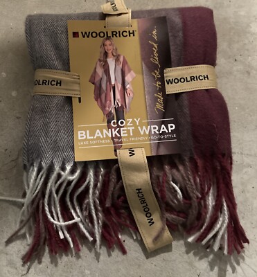 NWT Women’s Woolrich Fringe BLANKET WRAP Shawl Poncho Gray Burgundy Rose  OSFA