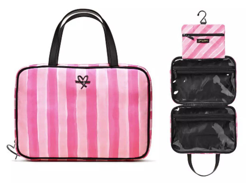 VICTORIAS SECRET STRIPED HANGING FOLDABLE TRAVEL JETSETTER COSMETIC BAG CASE