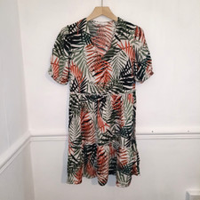 Primark Womens Dress Orange Size UK 8 Green Floral Tiered Leaf Print Beach