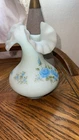 Fenton Signed Hand Painted Blue Roses Satin Glass Ruffle Edge Vase Sindledicker