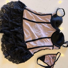 Vintage Agent Provocateur Black Lace Corset Set Peplum Bustier + Thong S - 2007