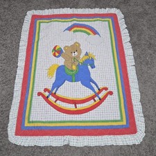 Vintage Baby Quilt Crib Blanket Teddy Bear Rocking Horse Handmade 46x35"