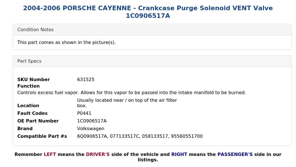Electroválvula de ventilación de purga cárter 2004-2006 Porsche Cayenne 1C0906517A Foto 4 de 4