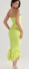 House of CB Alessia Lime Green Midi Dress Ostrich Feather trim Size Medium