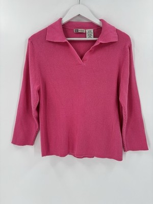 Faded Glory Y2K Blouse Womens XL Pink Ribbed Knit Collared 3/4 Sleeves Pullover