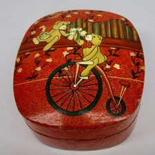 Paper mache trinket box red bears books bicycle vintage Kashmir India Wahlman