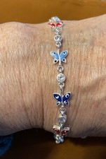 7.5 Inch Sterling Silver And Enamel Butterfly Bracelet w/ Clear Cubic Zirconia