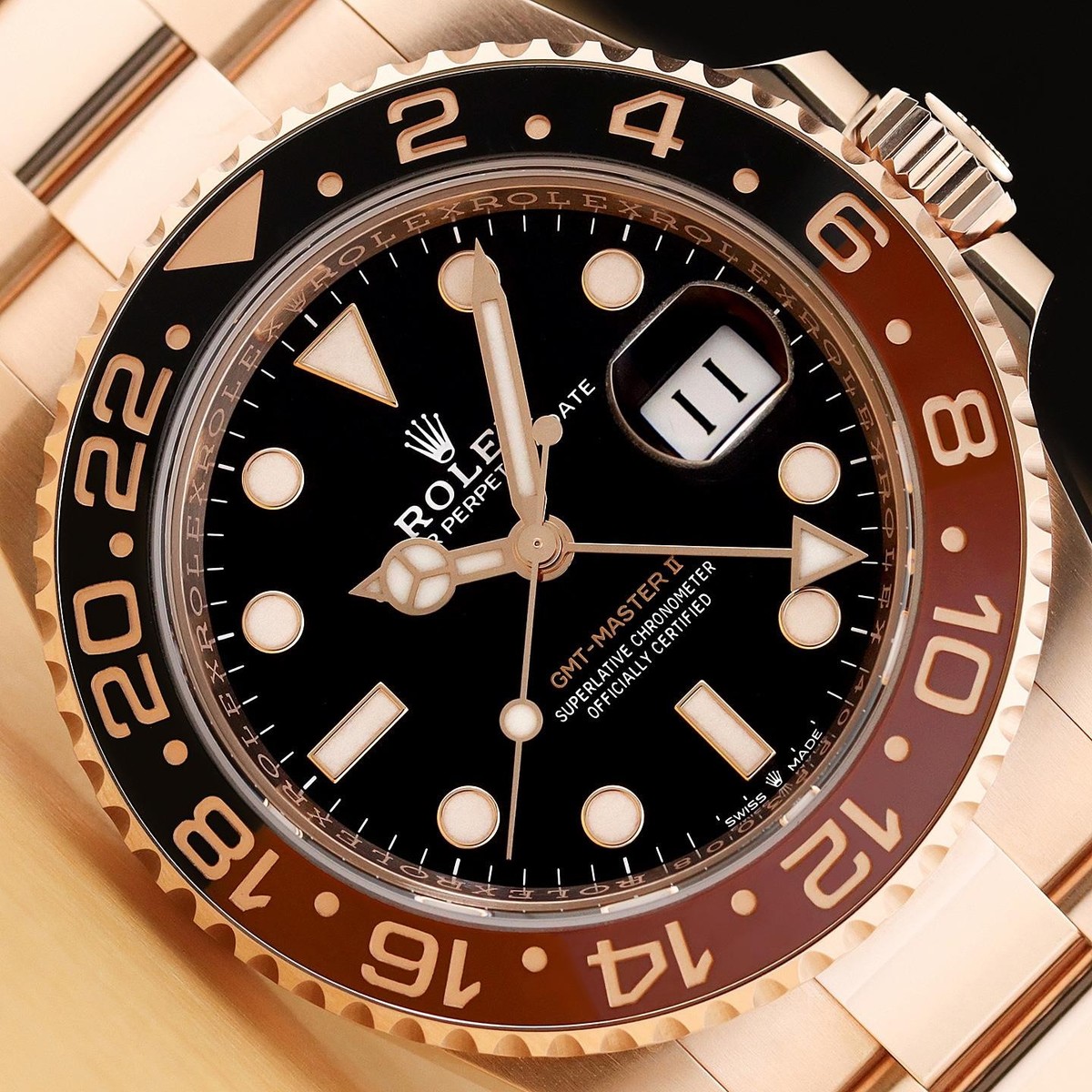 2023 CARD ROLEX MENS GMT MASTER II 126715 CHNR 18K ROSE GOLD ROOT