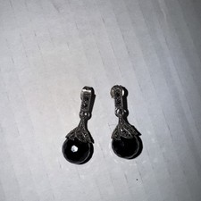 Black Onyx Solitaire Ornate 925 Sterling Silver Dangle Drop Earrings