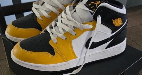 Air Jordan 1 Mid - Yellow, White, and Black - Boys Big Kids Shoes Size 6.5Y