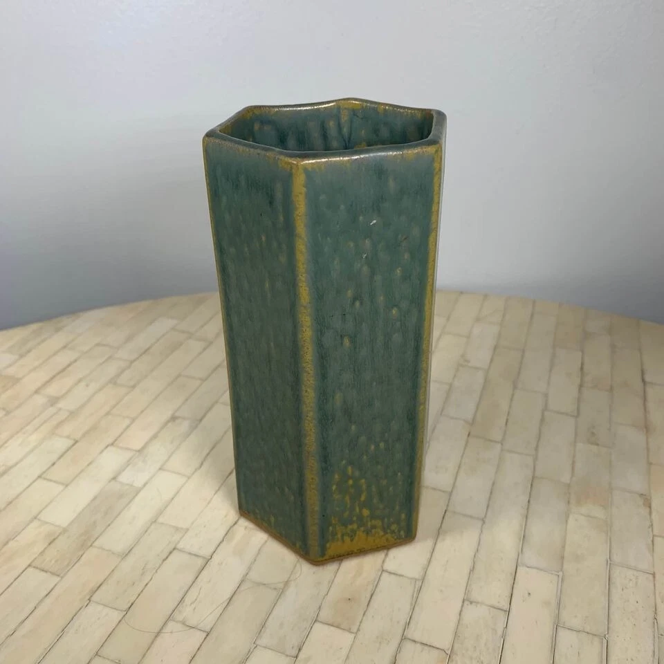 Green Blue Teal Glazed Flower Vase Hexagon Shape Stoneware Pottery Made in Japan