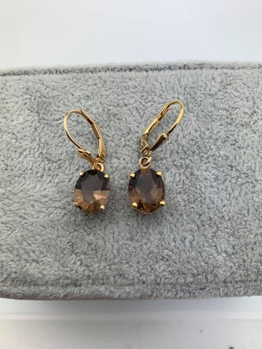 14K Smoky Topaz Earrings- 6CTW- Oval- Dangle- Vintage-Yellow Gold- 1" Long - Picture 5 of 7