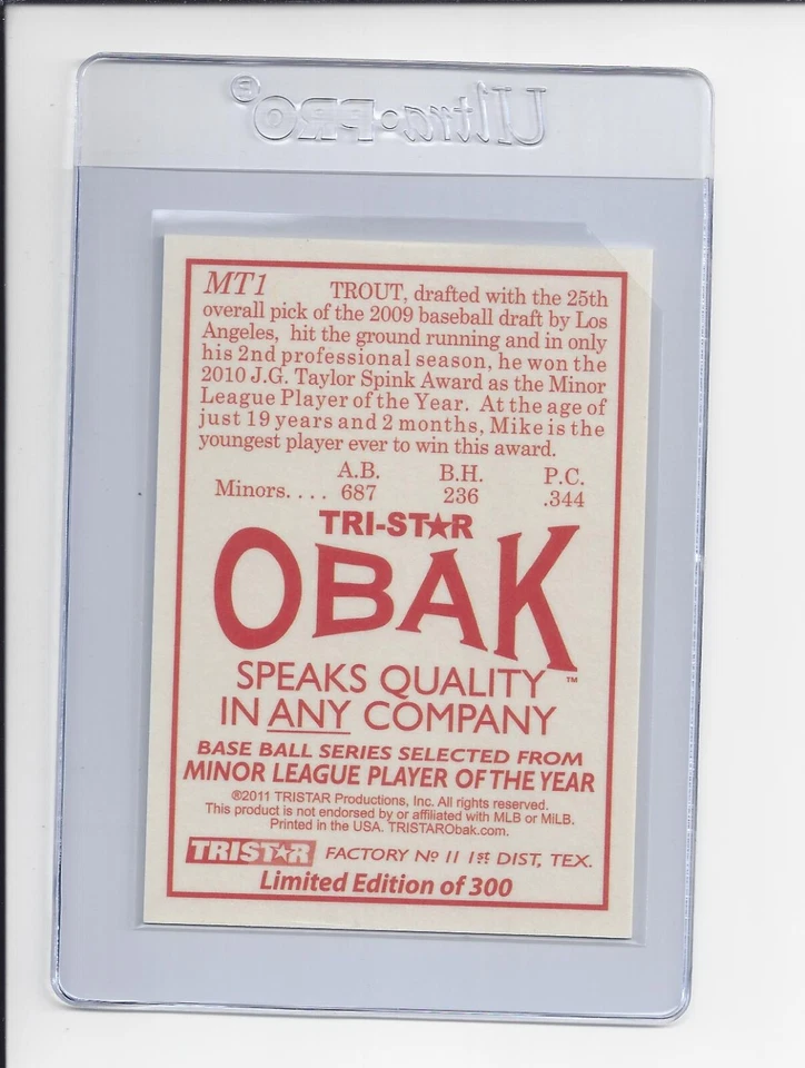 Mike Trout RC 2011 Tri-Star Obak Baseball Limited Edition # MT1 Rookie /300 RARE - Image 4 of 4