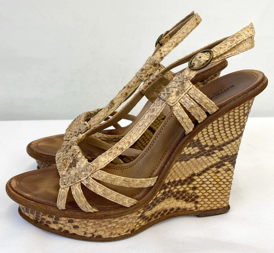 BOTTEGA VENETA Sandalias de Cuero Pitón Beige Cuñas 39.5 9.5 Zapatos Serpiente RARAS Foto 4 de 4