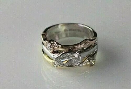 2Ct Pear Lab Created Diamond Engagement Wedding Ring 14K Three-Tone Gold Finish - 第 3/4 張圖片