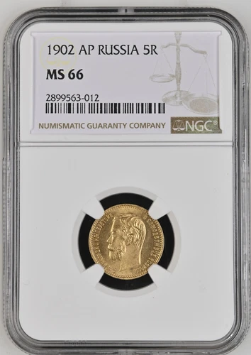 1902 AP RUSSIAN EMPIRE 5R GOLD NGC MS 66
