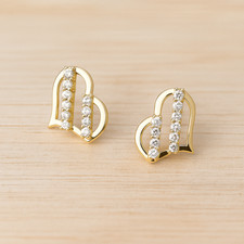 14K Yellow Gold Heart Stud Earrings Vertical CZ Row Love Fashion Jewelry Gift