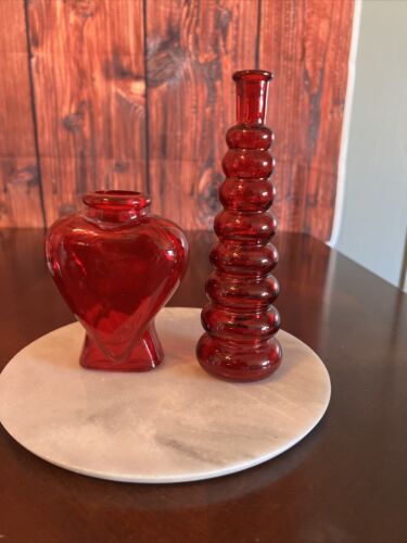 Vintage Ruby Red Crackle Glass Heart Vase & Bubble Mint Mid Century Modern 2 - Afbeelding 1 van 5