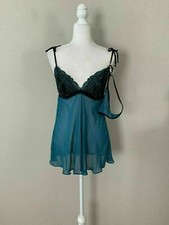 NWT Linea Donatella Sz L Teal Sheer Babydoll Nightgown Thong 2pcs Set Teal
