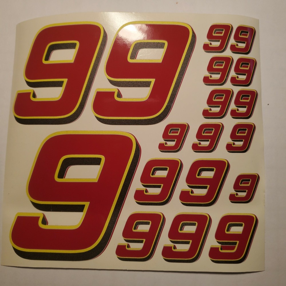 Red -w/ yellow & black #9's  Racing Numbers Vinyl Decal Sheet 1/10-1/12 slash