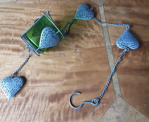 Hearts Grey Metal & Green Glass Long Votive Tea Light Candle Holder Unused - Picture 3 of 11