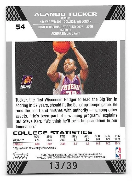 2007-08 Topps Co-Signers Silver Red Foil #54 Alando Tucker Steve Nash 13/39 - Image 2 of 2