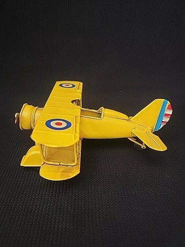 VINTAGE STYLE Yellow Metal Bi-Wing Airplane FIGURINE TOY Single Engine AIRCRAFT - Picture 13 of 15