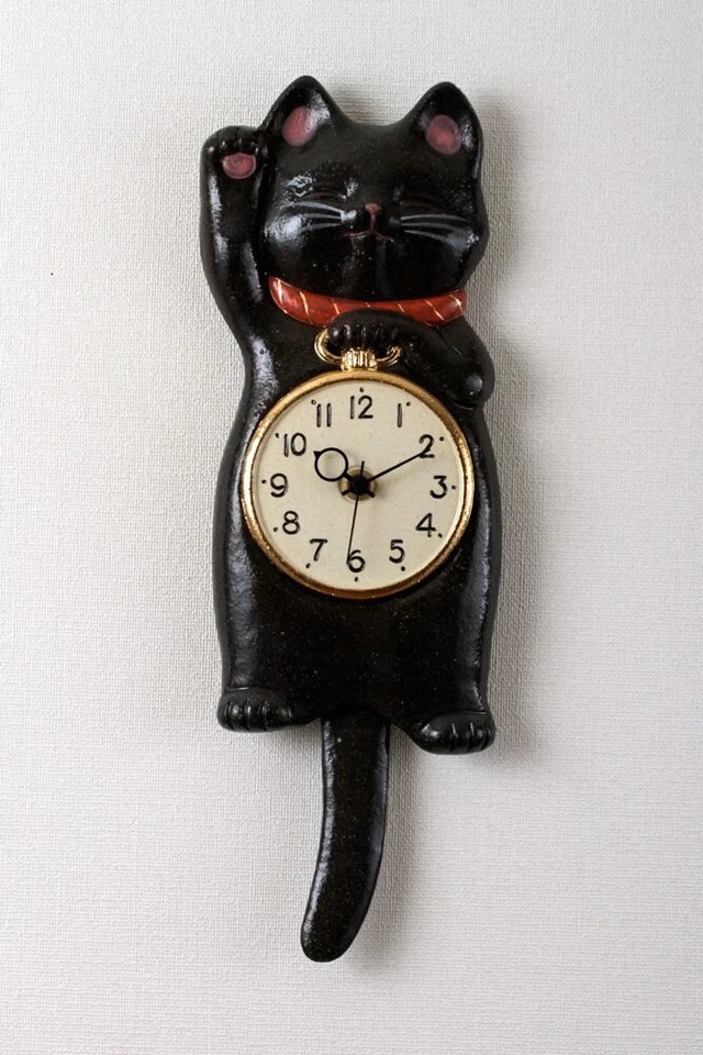 Japanese Black Lucky Cat Manekineko Wall Pendulum Clock Pottery Seto ware Gift - Image 4 of 4
