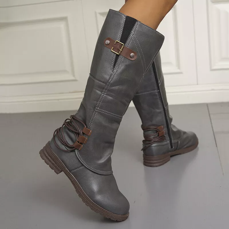 Vintage Womens Cowgirl Cowboy Boots Flat Zip Mid Calf Knee High Riding Boot Shoe