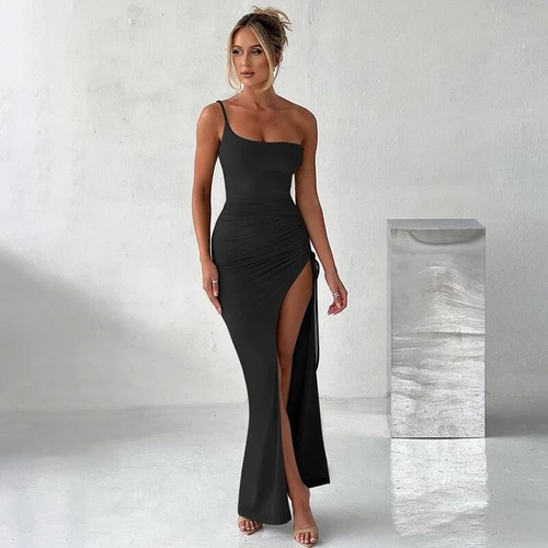 Single Shoulder Strap mit Overknee Schlitz Damen Kleid mit offenem Rücken - Bild 11 von 13